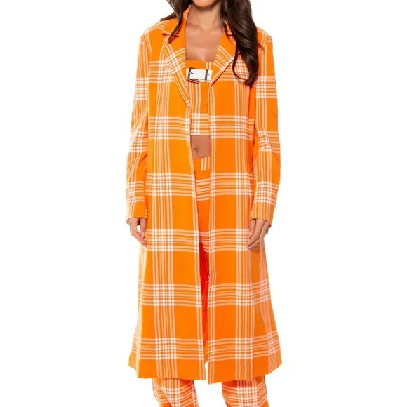 Stasia Sherberry: Orange Plaid All Season Duster Trench Coat L XL - Picture 7 of 16
